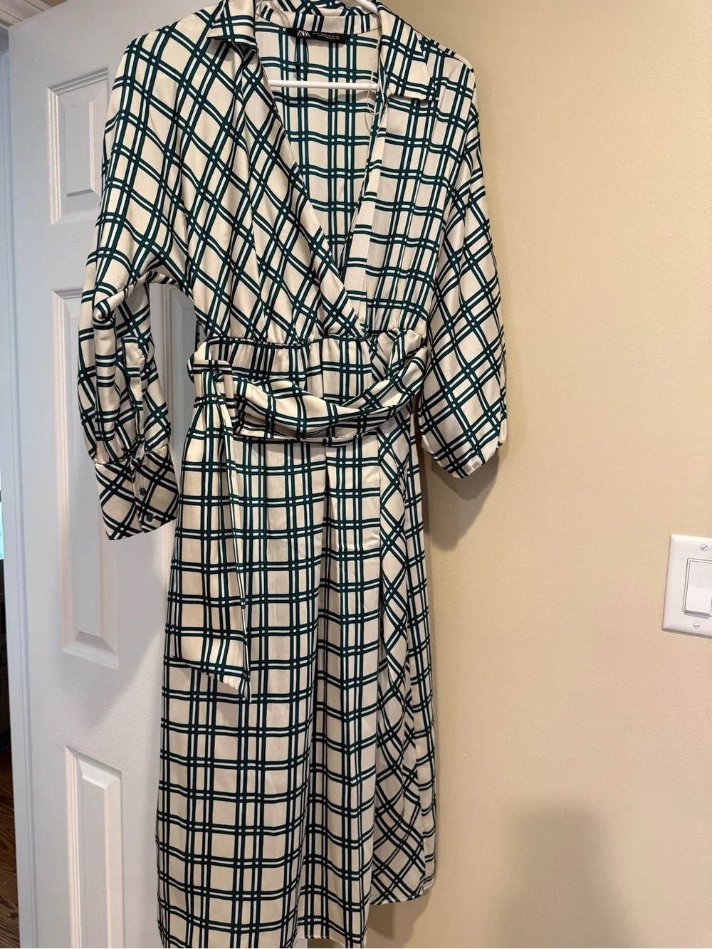 Zara Cream and Teal Plaid Wrap Dress